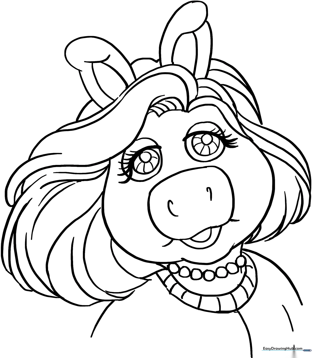 Black and white line art of Miss Piggy posing with her signature glamorous expression, designed for children to color with markers or crayons.