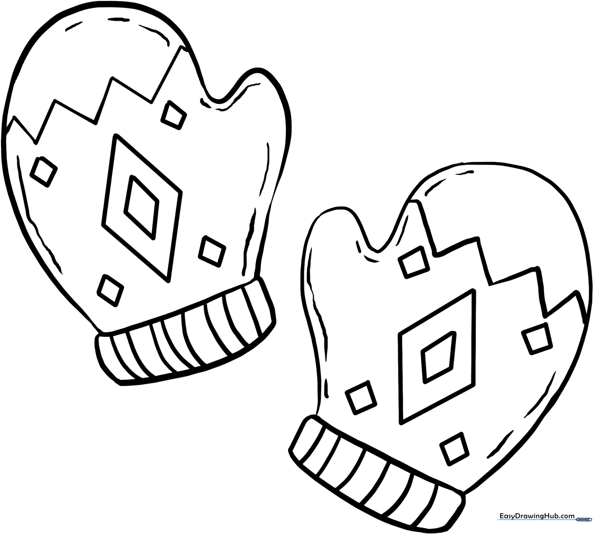 Black and white line art of a pair of winter mittens with simple patterns, ready for children to color.