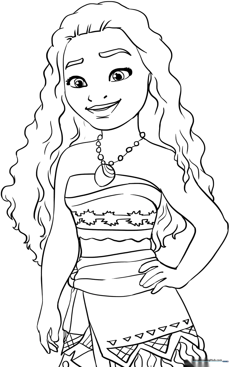 Detailed line art of Moana standing in a confident pose, featuring clear outlines for easy coloring with crayons or markers.