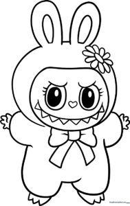 Black and white line art of Mokoko from The Monsters Labubu, featuring clean outlines perfect for children to color with markers or crayons.