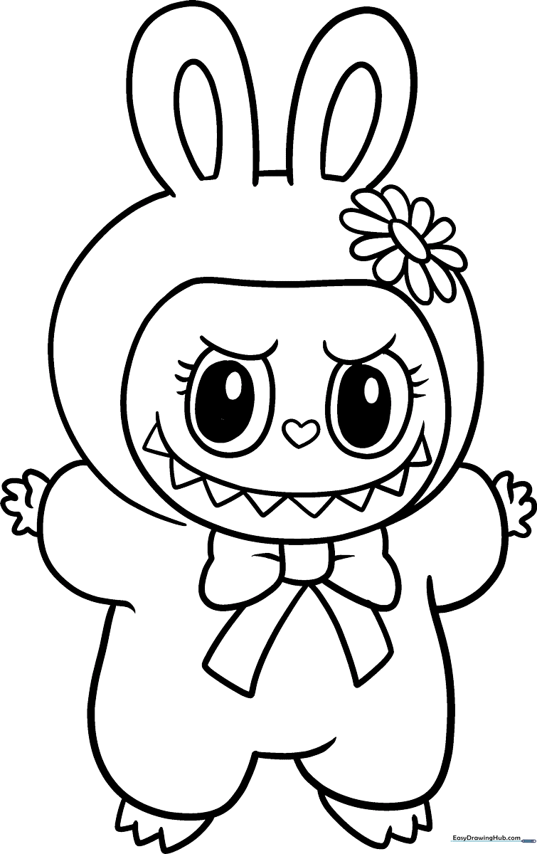 Black and white line art of Mokoko from The Monsters Labubu, featuring clean outlines perfect for children to color with markers or crayons.