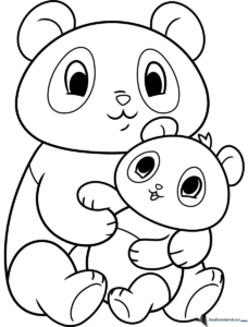 A sweet line-art illustration of a mother panda sitting with her baby, featuring clear outlines for easy coloring by children.