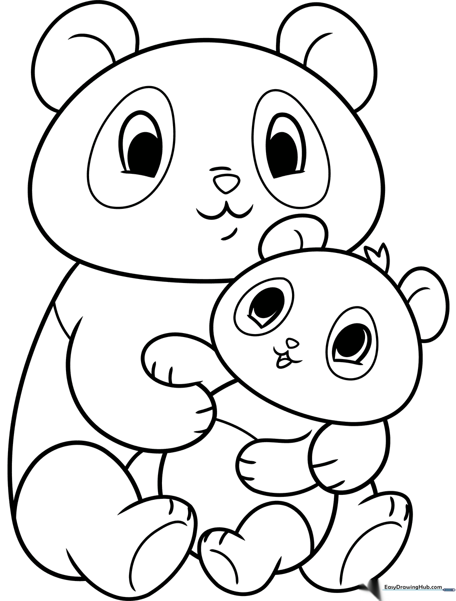 A sweet line-art illustration of a mother panda sitting with her baby, featuring clear outlines for easy coloring by children.