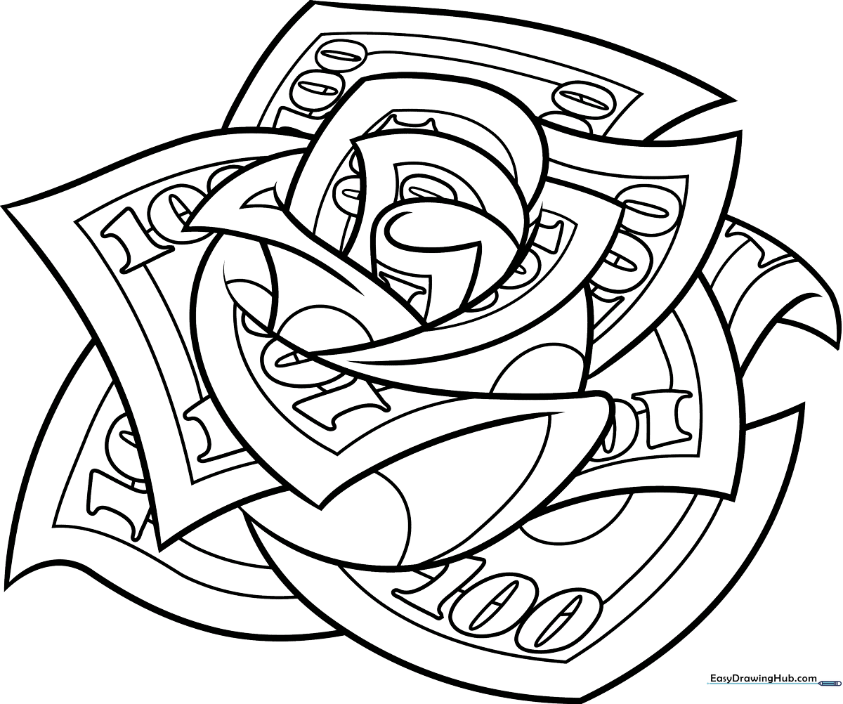 Black and white line art of a rose made from currency, featuring clear petal outlines for children to color and practice shading techniques.