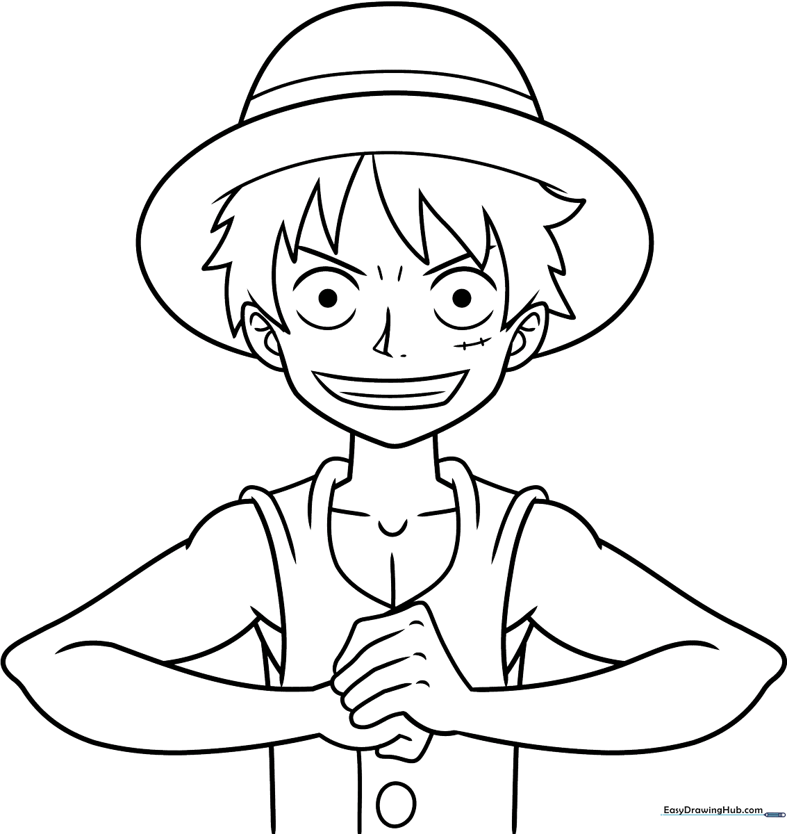 Black and white line art of Monkey D. Luffy from One Piece, featuring his iconic straw hat and vest, ready for coloring.