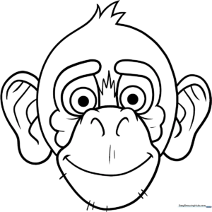 Black and white line art of a smiling monkey face with large ears and a heart-shaped facial mask, designed for children to color.