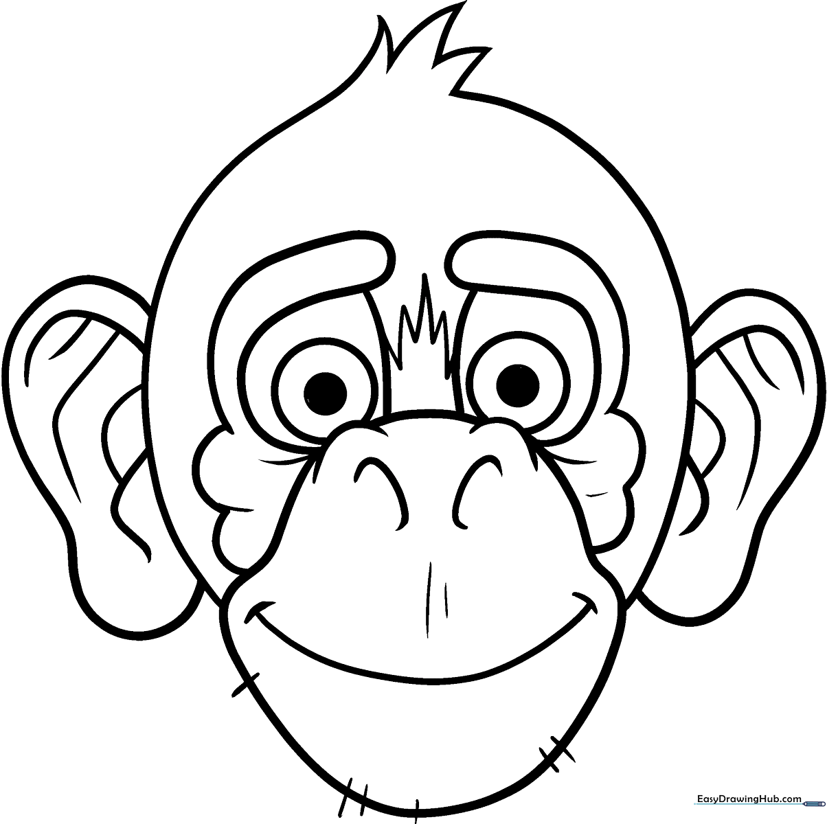 Black and white line art of a smiling monkey face with large ears and a heart-shaped facial mask, designed for children to color.