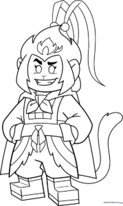 Line art illustration of Monkie Kid in a dynamic pose, featuring clear outlines for easy coloring and character detail.