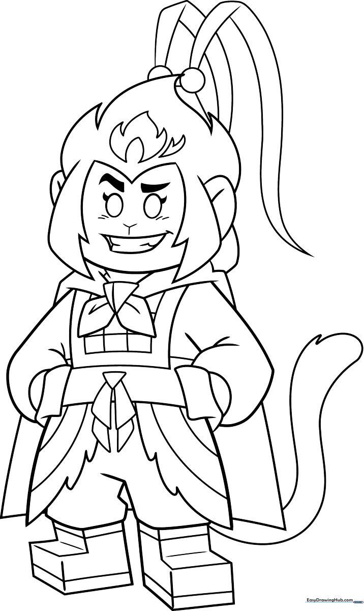 Line art illustration of Monkie Kid in a dynamic pose, featuring clear outlines for easy coloring and character detail.