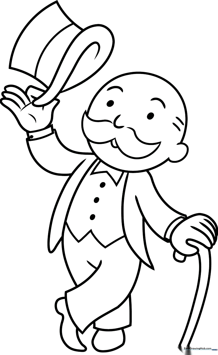 Black and white line art of the Monopoly Man character wearing his signature top hat and monocle, ready for coloring.