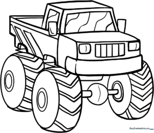 Black and white line art of a monster truck with oversized tires, ready for children to color with markers or crayons.