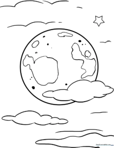 A clean, black-and-white line art illustration of a full moon with crater details, designed for children to color.