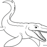Black and white line art of a friendly Mosasaurus swimming, featuring clear outlines for easy coloring by children.