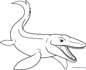 Black and white line art of a friendly Mosasaurus swimming, featuring clear outlines for easy coloring by children.