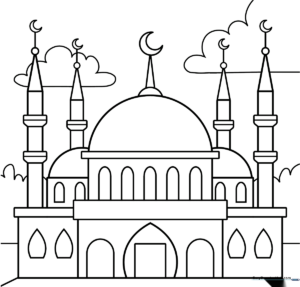 Black and white line art of a mosque with a large central dome and two tall minarets, designed for children to color.