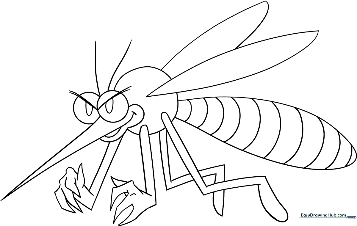 Cartoon mosquito with large eyes and wings, outlined in bold black lines for easy coloring by children.