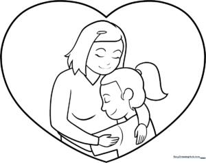 Black and white line art of a mother and daughter standing together, designed for children to color with markers or crayons.