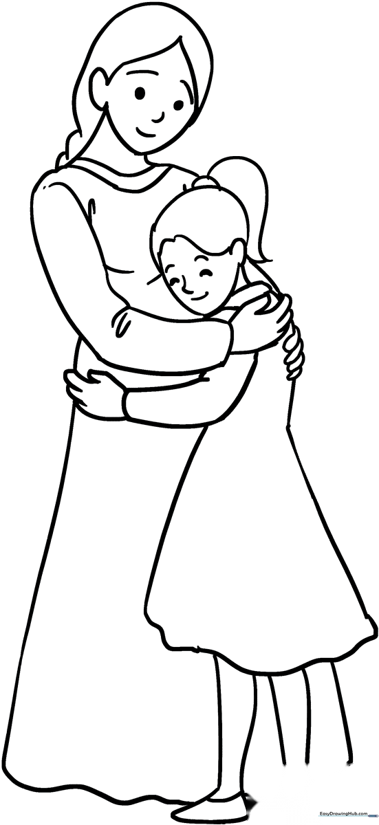 Line art illustration of a mother embracing her daughter, featuring clear outlines for easy coloring by children.