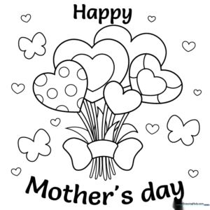 Black and white line art of a Mother's Day card with floral decorations, ready for children to color.