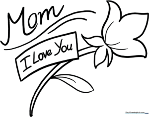 Black and white line art of a cheerful flower with large petals and a smiling center, designed for children to color for Mother's Day.
