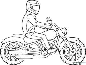Black and white line art of a motorbike rider wearing a helmet and protective gear, ready for coloring.