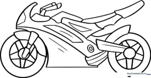 Black and white line art of a cartoon motorcycle with bold outlines, perfect for children to color with crayons or markers.