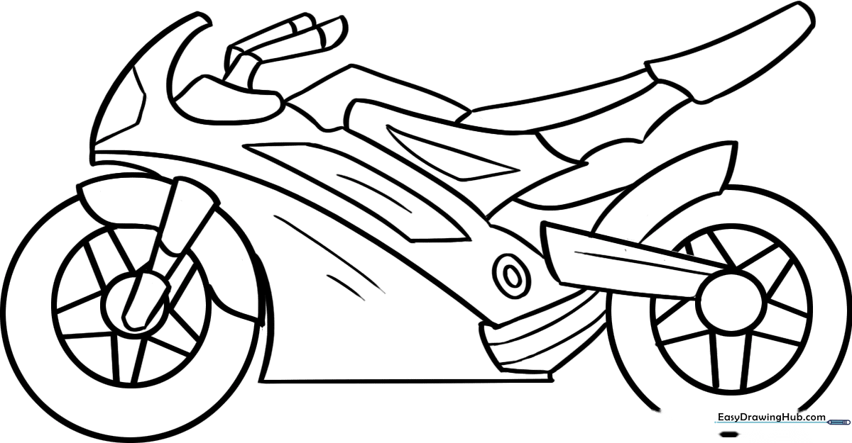 Black and white line art of a cartoon motorcycle with bold outlines, perfect for children to color with crayons or markers.