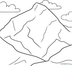 Black and white line art of Mount Everest with jagged peaks and snowy textures, designed for children to color.