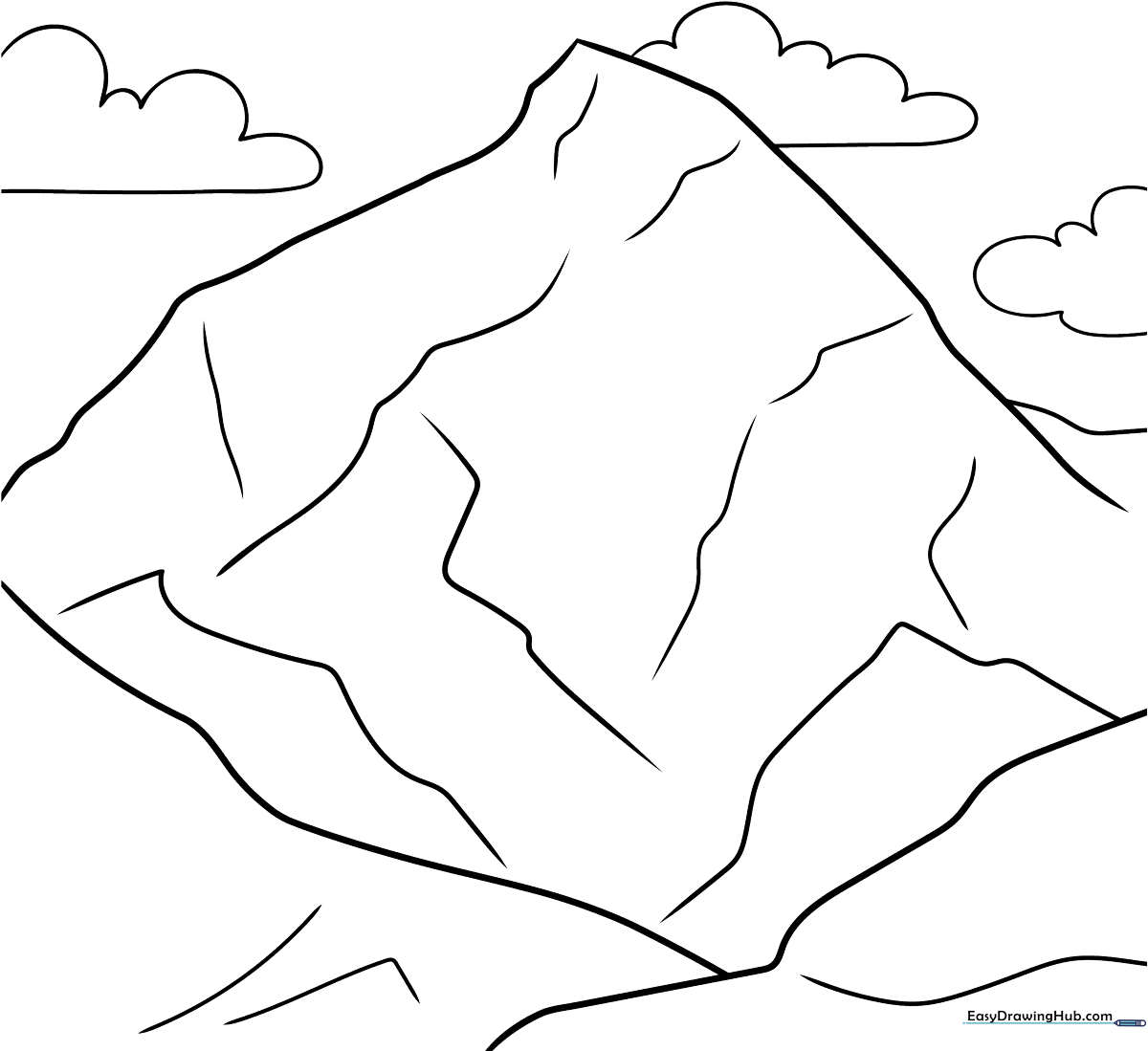 Black and white line art of Mount Everest with jagged peaks and snowy textures, designed for children to color.