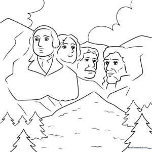 Black and white line art of the Mount Rushmore monument featuring the four U.S. presidents, designed for children to color.