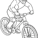 A detailed line art illustration of a mountain biker wearing a helmet and gear, ready for coloring on a white background.