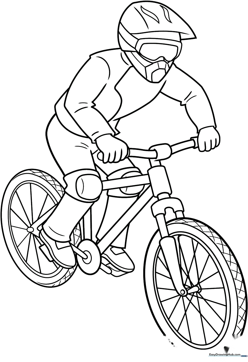 A detailed line art illustration of a mountain biker wearing a helmet and gear, ready for coloring on a white background.
