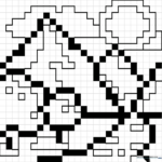 A black and white grid-based pixel art mountain range ready for coloring, featuring distinct square blocks that form a jagged peak and base.
