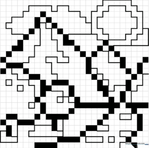 A black and white grid-based pixel art mountain range ready for coloring, featuring distinct square blocks that form a jagged peak and base.