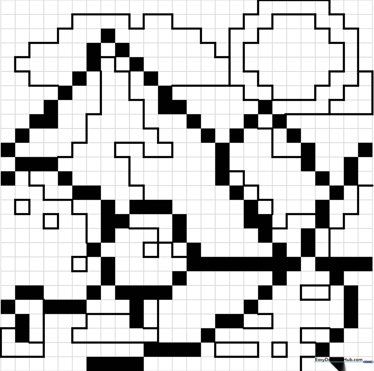 A black and white grid-based pixel art mountain range ready for coloring, featuring distinct square blocks that form a jagged peak and base.