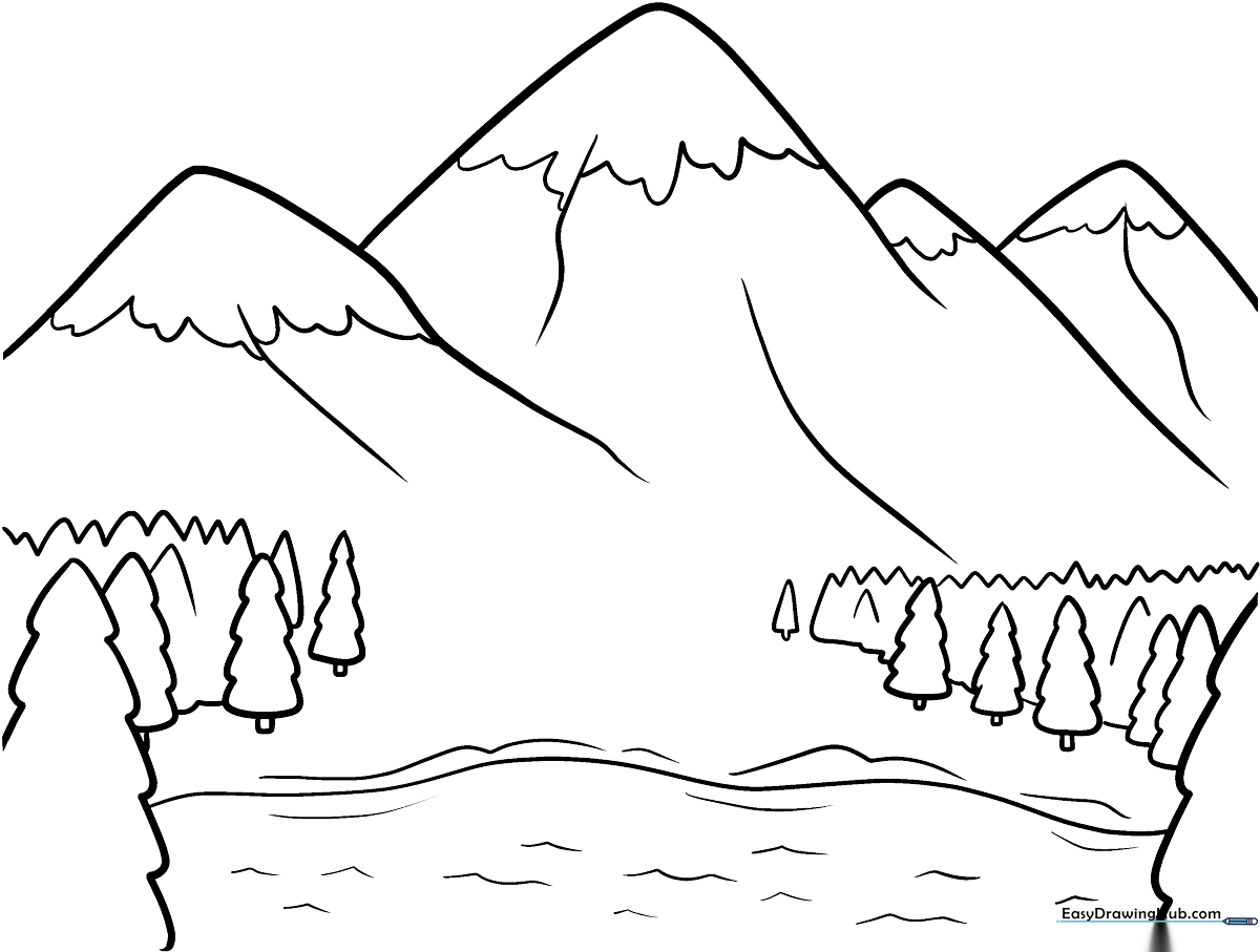 Black and white line art of a mountain range with jagged peaks, designed for children to color with pencils or crayons.