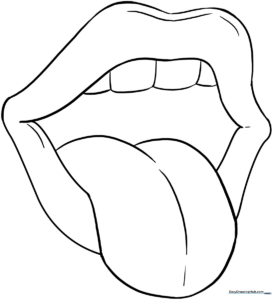 Black and white line art of an open mouth showing teeth and a tongue, designed for children to color as an anatomy learning activity.