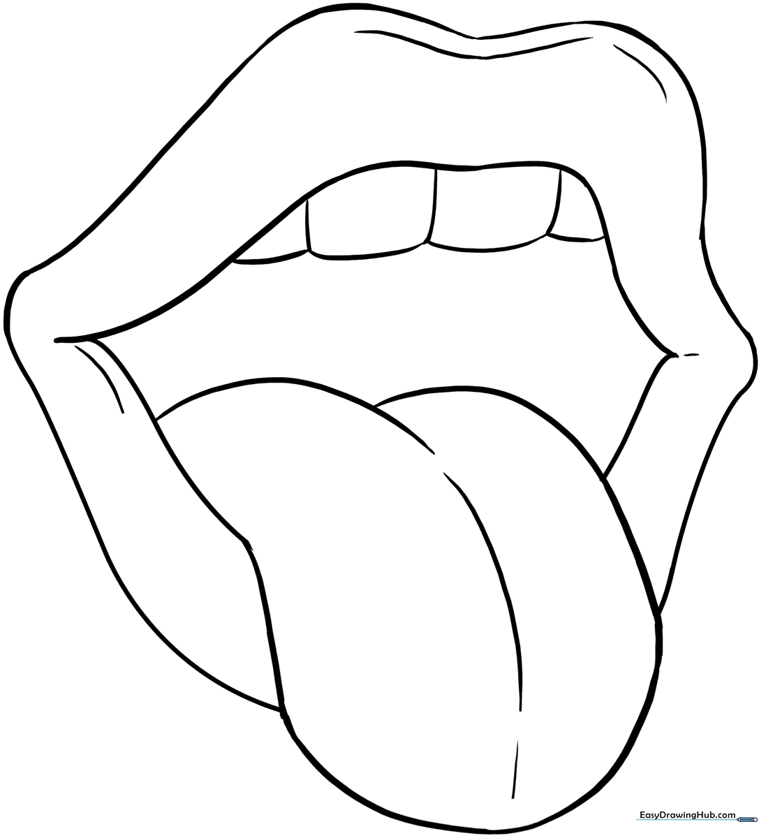 Black and white line art of an open mouth showing teeth and a tongue, designed for children to color as an anatomy learning activity.