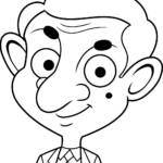 Black and white line art of Mr. Bean featuring his signature suit and expressive face, ready for coloring.