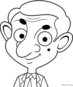 Black and white line art of Mr. Bean featuring his signature suit and expressive face, ready for coloring.