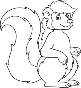 Black and white line art of Mr. Skunk from Little Bear, featuring clear outlines for easy coloring by children.