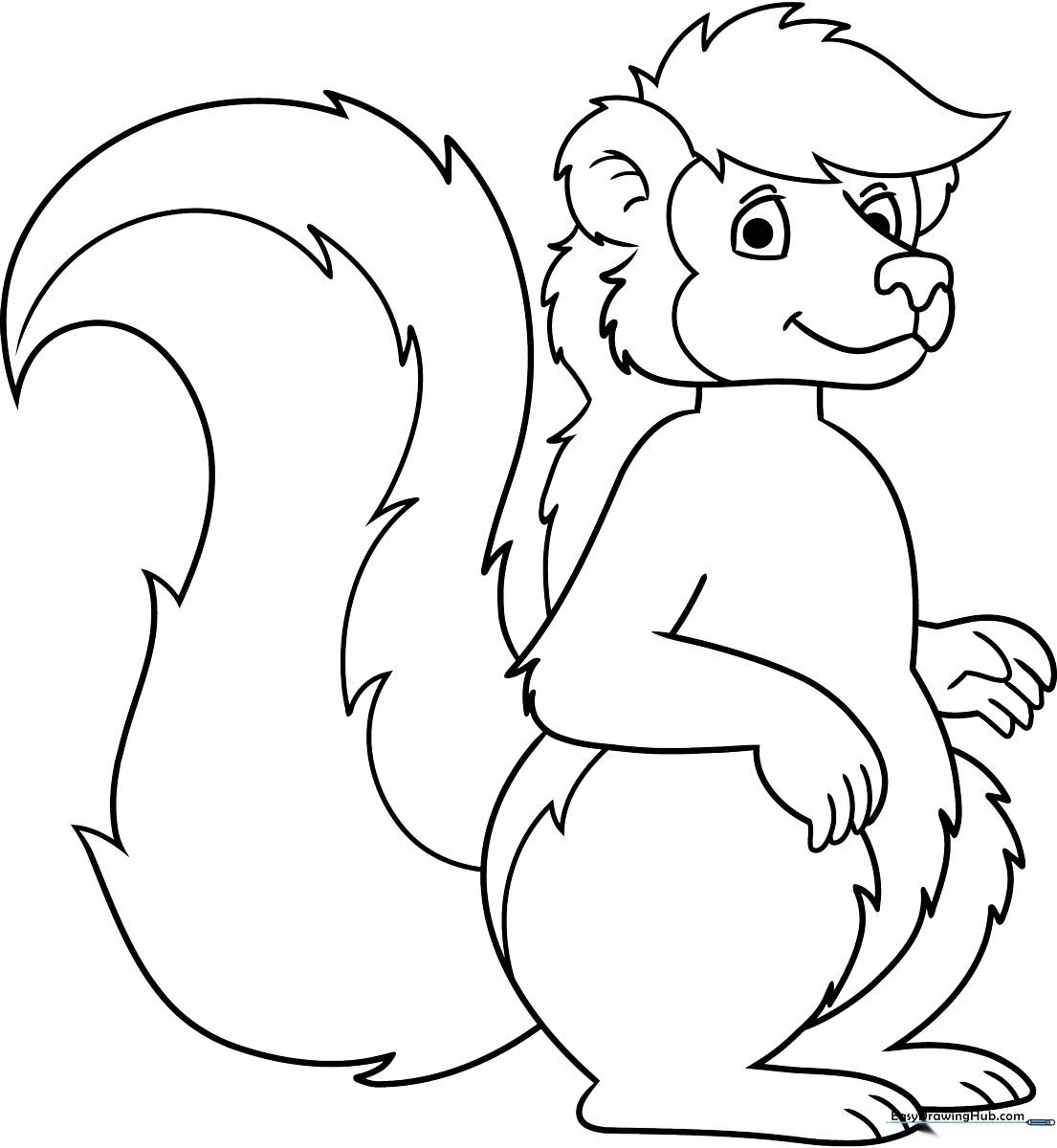 Black and white line art of Mr. Skunk from Little Bear, featuring clear outlines for easy coloring by children.