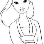 Black and white line art of Mulan in her traditional warrior attire, featuring clear outlines for easy coloring by children.