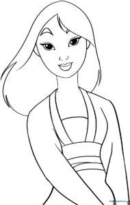 Black and white line art of Mulan in her traditional warrior attire, featuring clear outlines for easy coloring by children.