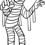 A friendly cartoon mummy wrapped in bandages with large, expressive eyes, ready for coloring on a white background.