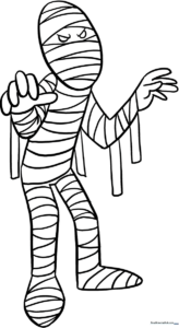 A friendly cartoon mummy wrapped in bandages with large, expressive eyes, ready for coloring on a white background.