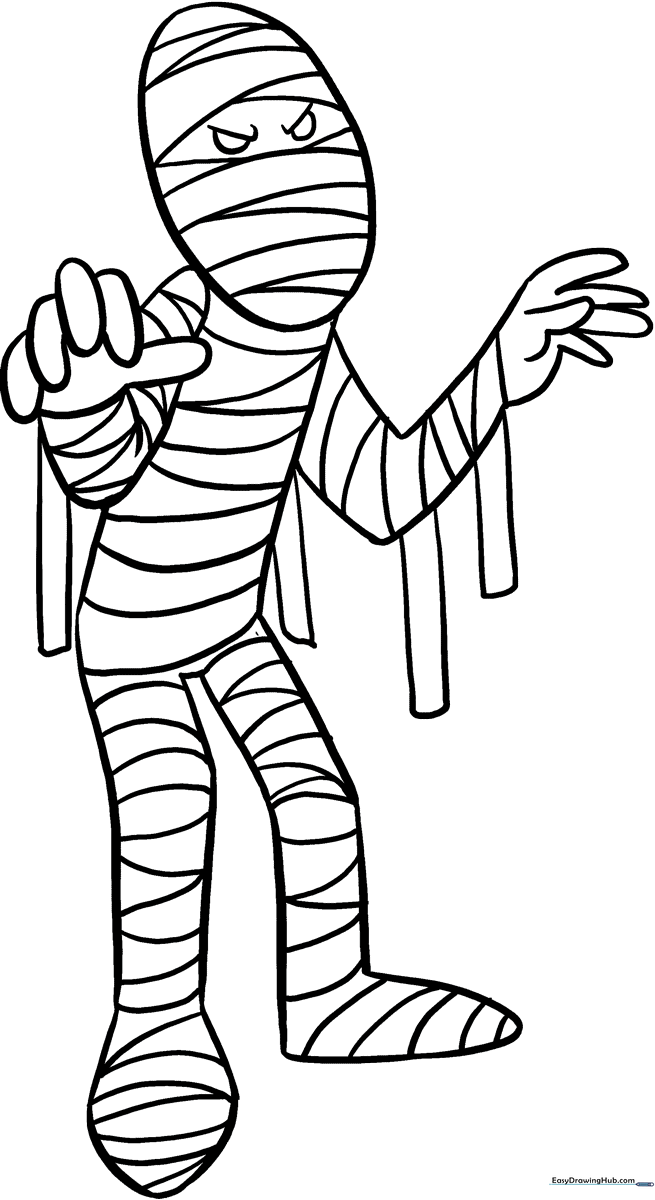 A friendly cartoon mummy wrapped in bandages with large, expressive eyes, ready for coloring on a white background.