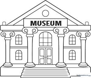 Black and white line art of a grand museum building with columns and a triangular pediment, ready for children to color.