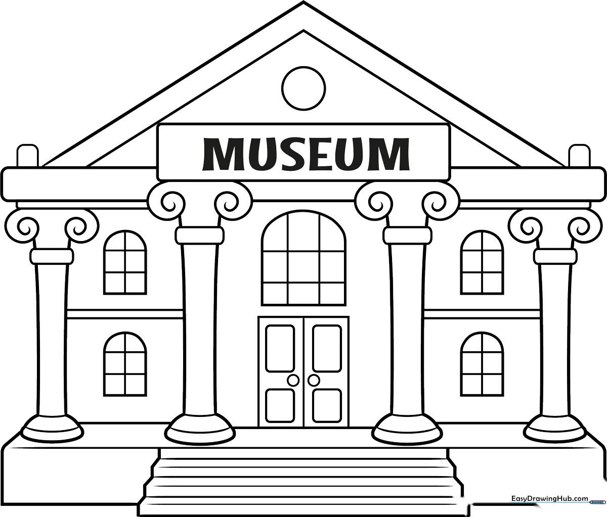 Black and white line art of a grand museum building with columns and a triangular pediment, ready for children to color.