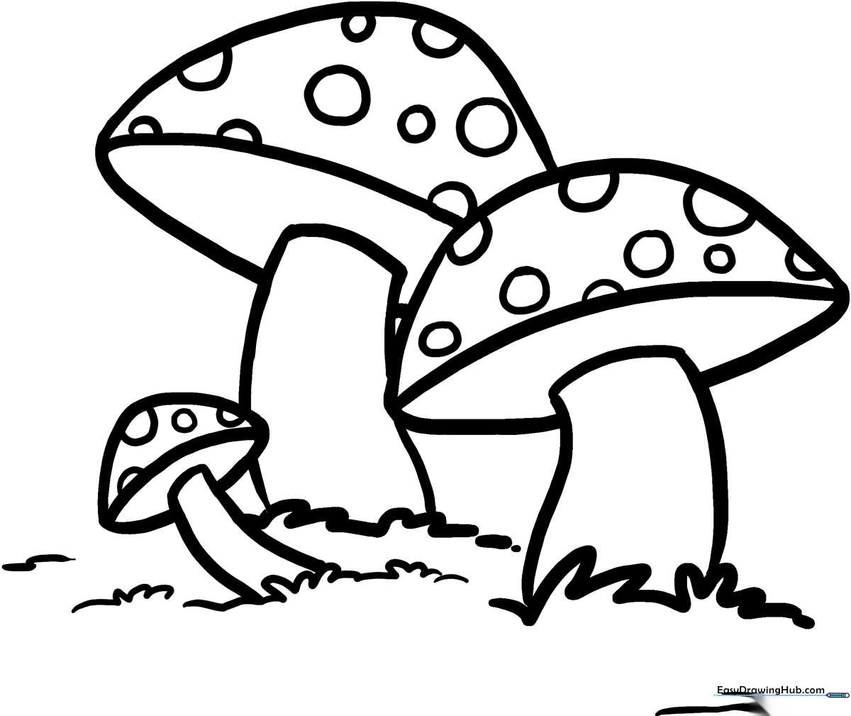 A clean, black-and-white line art illustration of a woodland mushroom with a rounded cap and thick stem, designed for children to color.